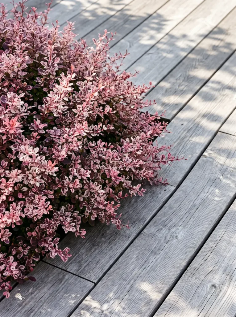 Berberis thunbergii'Rose Glow' de follaje jaspeado junto a un pavimento de madera termotratada.