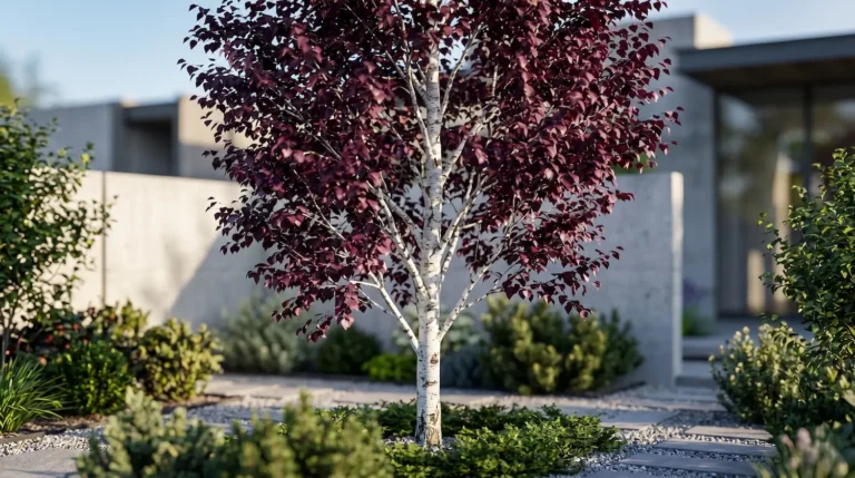 Plano medio panorámico de un jardín contemporáneo donde un Betula 'Crimson Frost' de proporciones equilibradas exhibe su follaje burdeos y tronco blanco frente a una fachada moderna desenfocada.