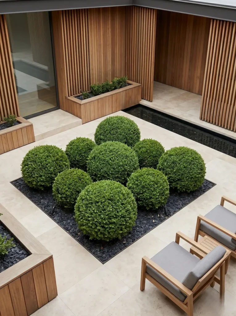 boj bola en patio interior jardinesconestiloblog patio interior con bolas de boj perfectas