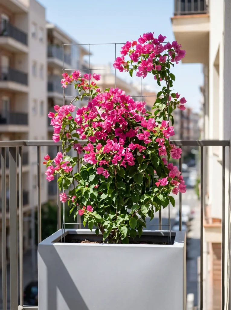 Buganvilla vibrante en una jardinera de resina resistente a los rayos UVA bajo la luz directa del sol, ideal para orientaciones cálidas.