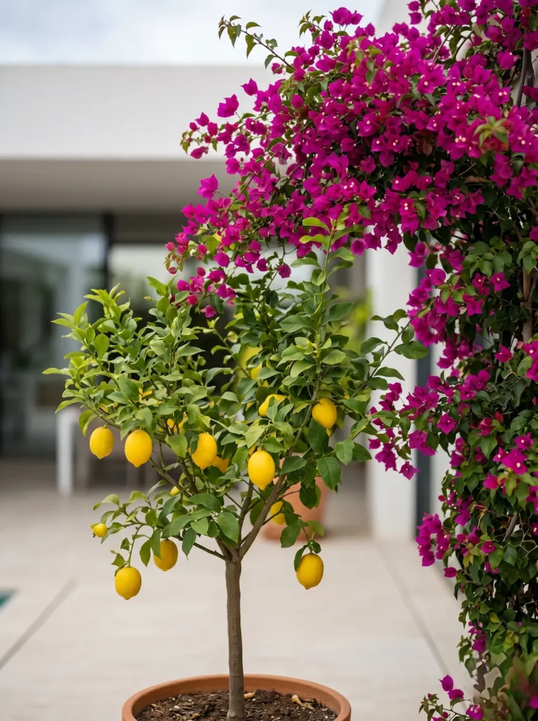 Plano medio de un limonero joven en maceta y una buganvilla fucsia aportando sombra y color frente a un muro arquitectónico.