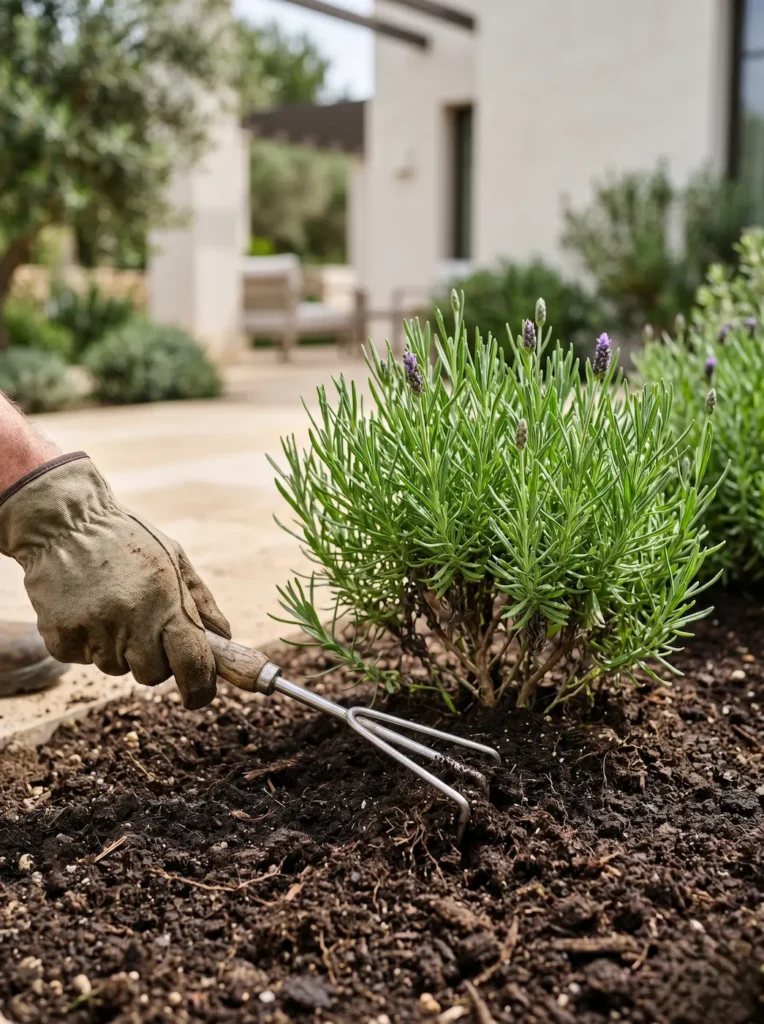 calidad de suelo 1 jardinesconestiloblog Detalle de suelo de textura franca siendo preparado para la plantación de lavanda en un jardín de diseño