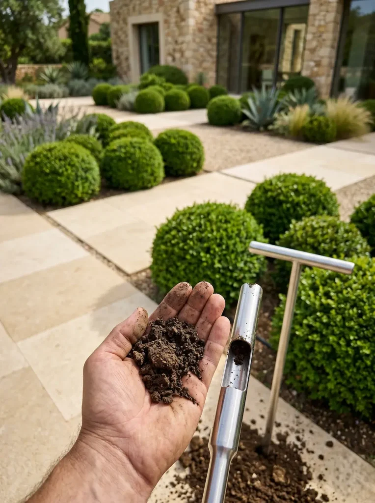 calidad de suelo 3 jardinesconestiloblog Toma de muestras de suelo por un profesional en un jardín residencial de alto nivel