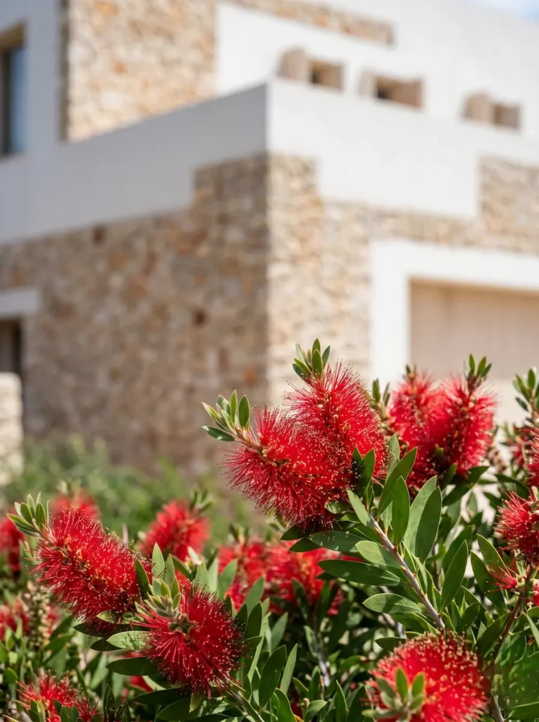 Detalle en primer plano de flores rojas de Callistemon citrinus en un entorno de jardín moderno
