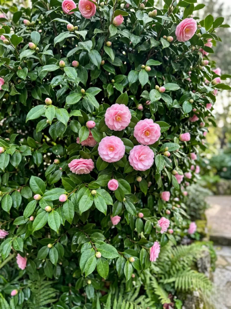 Detalle en plano medio de una flor cerúlea y follaje brillante de Camelia japonica en su estado natural de floración, unida a la estructura botánica de un arbusto vivo y maduro, con fondo vegetal desenfocado.