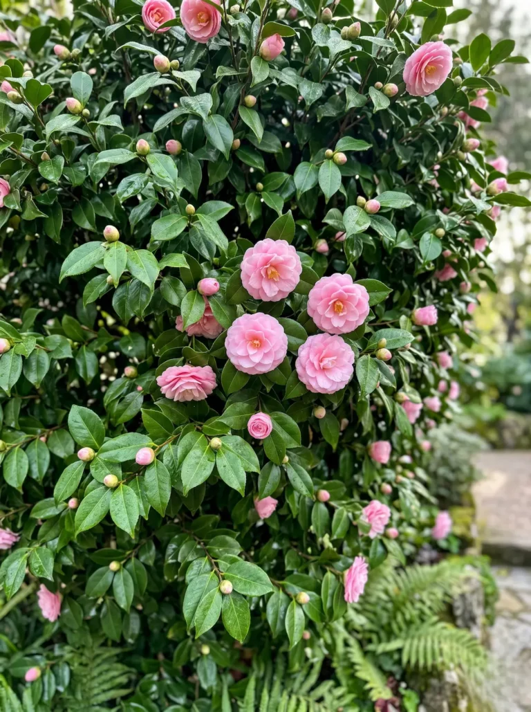 Detalle en plano medio de una flor cerúlea y follaje brillante de Camelia japonica en su estado natural de floración, unida a la estructura botánica de un arbusto vivo y maduro, con fondo vegetal desenfocado.