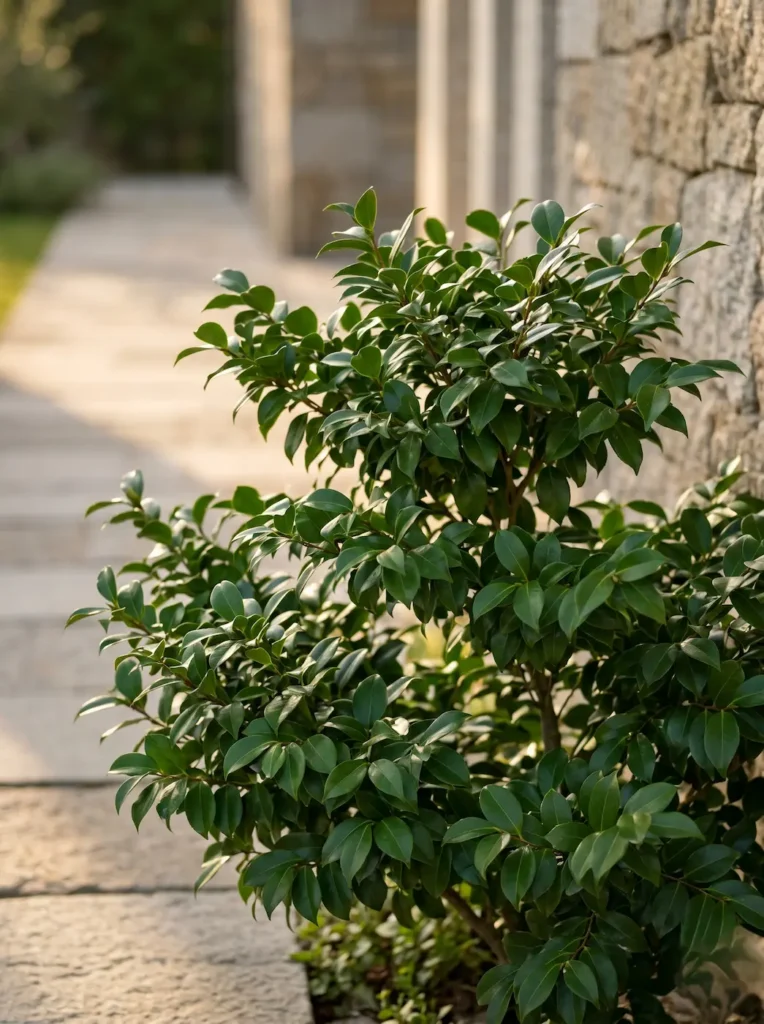 Plano medio de la volumetría orgánica y el porte estratificado de una Camelia fuera de su época de floración, evidenciando un crecimiento natural sin podas rígidas y un fondo difuminado de pavimento claro.