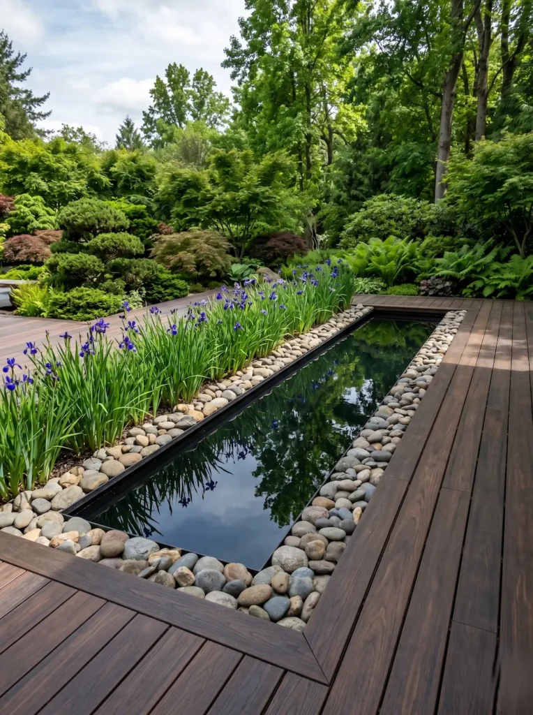 Lámina de agua oscura y reflectante bordeada por cantos rodados y plantas de lirio junto a un pavimento de madera noble