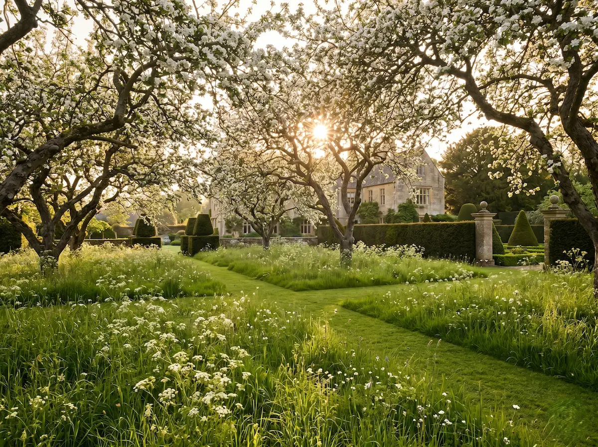 Pradera naturalista con flores silvestres blancas iluminada por la luz rasante del sol atravesada por senderos de césped rasurado bajo las copas de árboles maduros