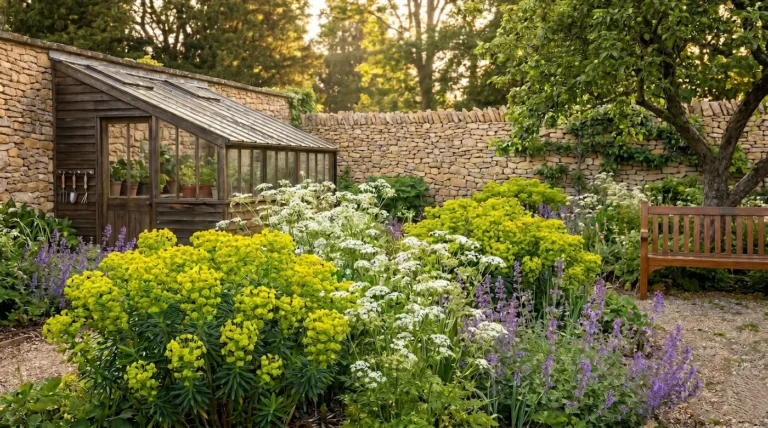 Ecosistema mixto detallando macizos de follaje verde lima de Euphorbia characias y flores azuladas frente a un muro de piedra caliza y lamas de madera natural panorámica