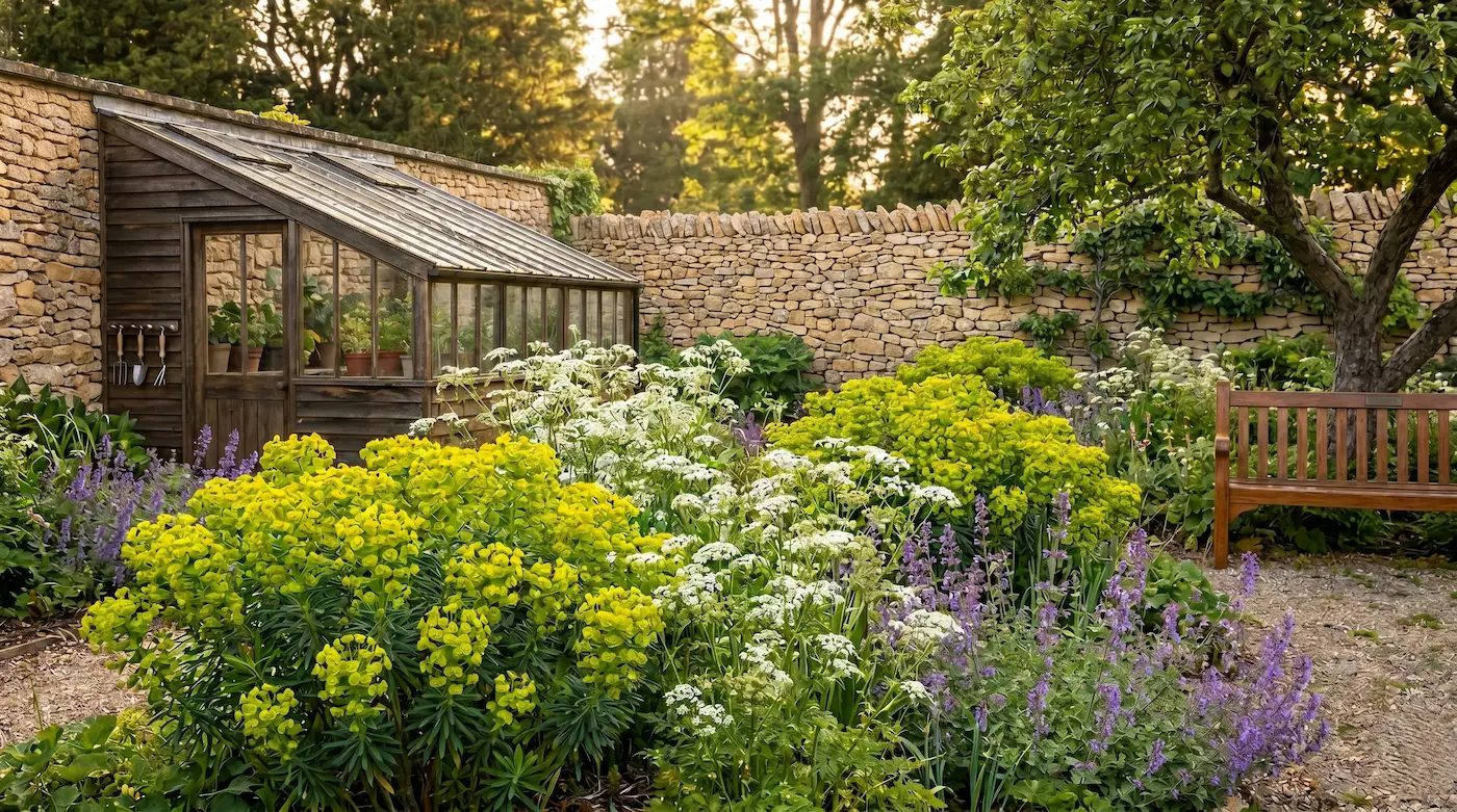 Ecosistema mixto detallando macizos de follaje verde lima de Euphorbia characias y flores azuladas frente a un muro de piedra caliza y lamas de madera natural panorámica