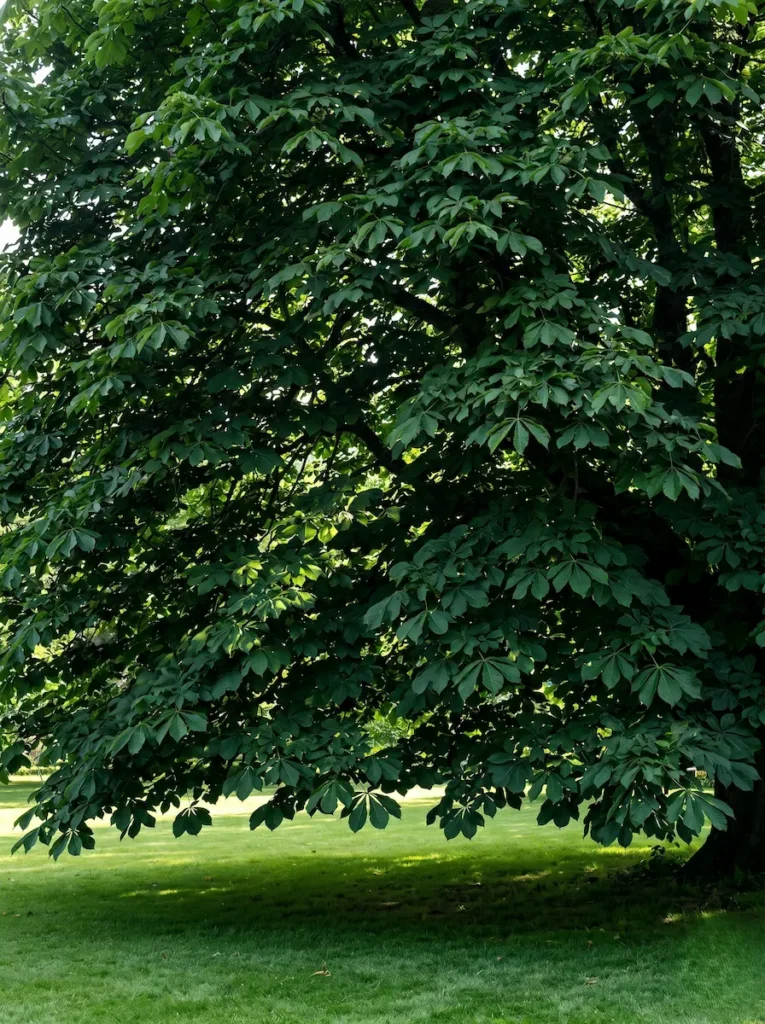 Bóveda foliar del Aesculus x carnea 'Briotii', generando una arquitectura vegetal de excelencia y sombra densa.