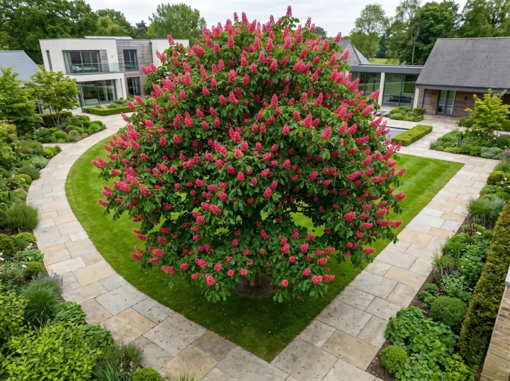 Ejemplar maduro de Castaño de Indias rojo (Aesculus x carnea 'Briotii') en floración, estableciendo una integración paisajística de excelencia.