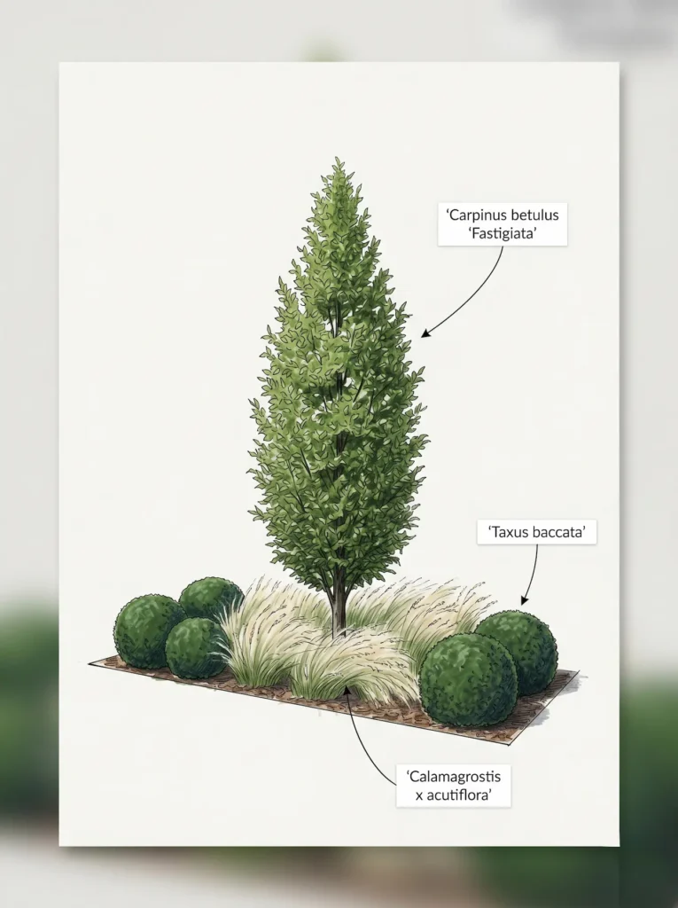 Infografía botánica a color mostrando la integración paisajística del Carpinus betulus 'Fastigiata' junto a gramíneas y tejos de diseño cuidado.