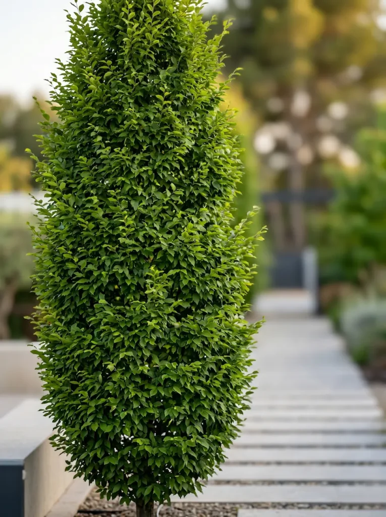 Plano medio del porte columnar orgánico de un Carpinus betulus 'Orange Retz' mostrando una densidad absoluta sin podas topiaras rígidas, perfectamente proporcionado sobre un pavimento claro desenfocado.