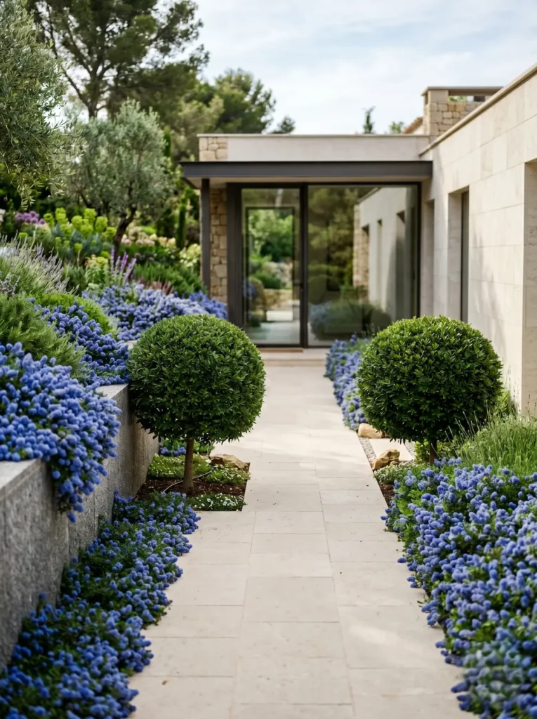 Manto de Ceanothus repens en plena floración azul desbordando sobre un muro de contención bajo de granito gris texturizado