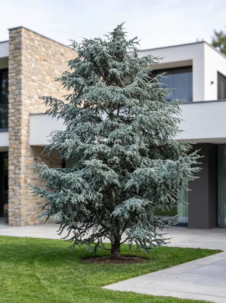 cedro atlántica glauca jardinesconestiloblog Ejemplar completo de Cedro azul del Atlas destacando su estructura piramidal plateada en un jardín de diseño