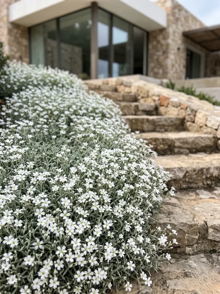 cerastium tormentosum jardinesconestiloblog Alfombra de flores blancas de Cerastium tomentosum sobre escalones de piedra de corte limpio