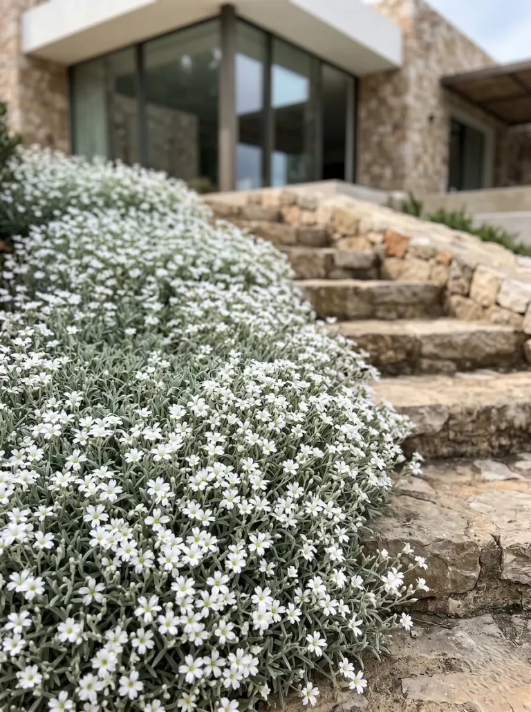Alfombra de flores blancas de Cerastium tomentosum sobre escalones de piedra de corte limpio