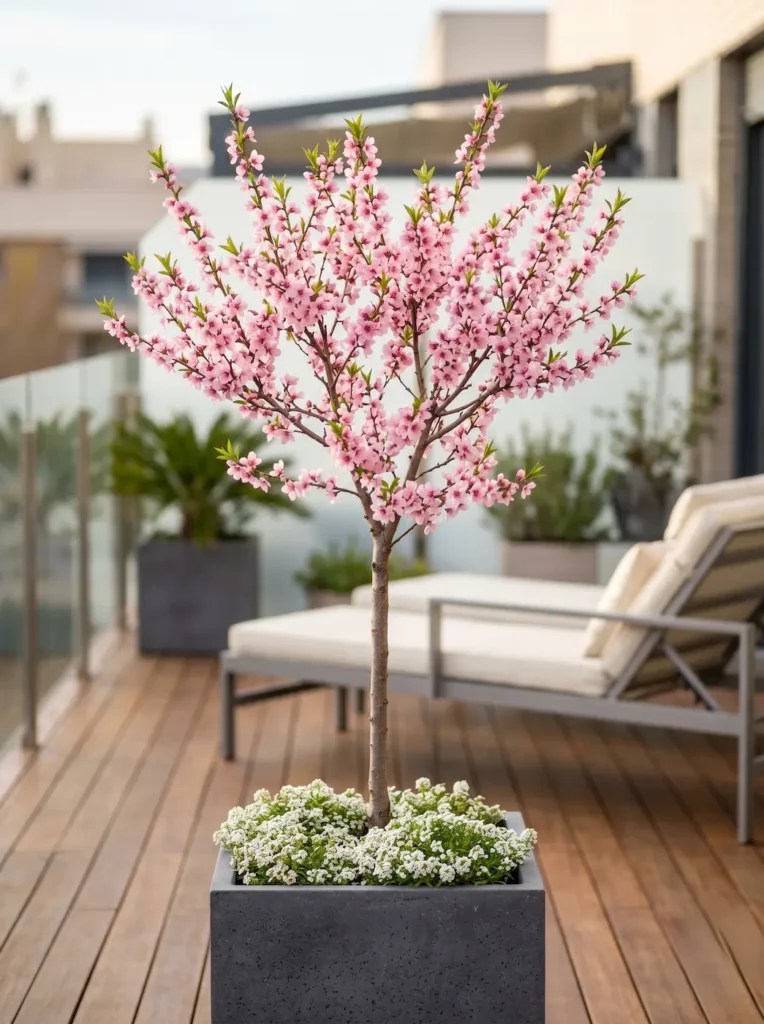 Plano medio de un melocotonero enano en plena floración primaveral, rodeado de gramíneas ornamentales en una terraza con suelo de madera termotratada.