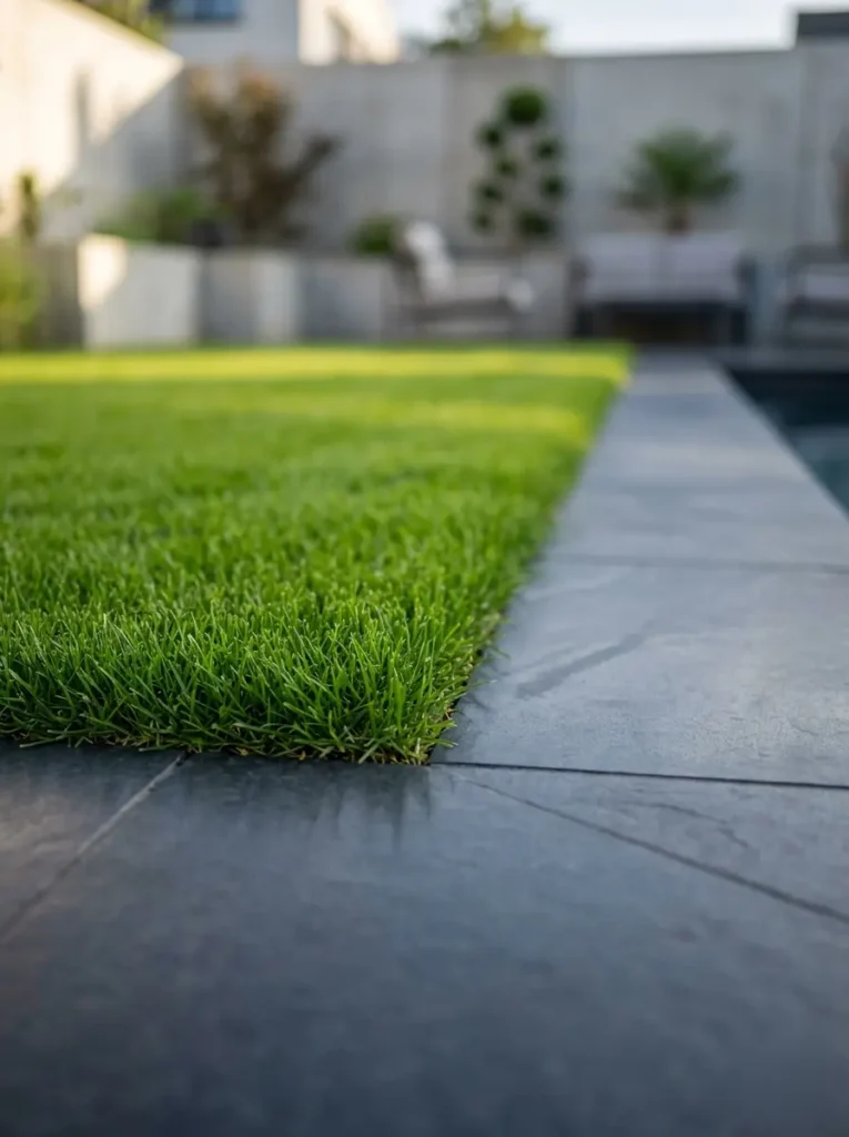 Detalle de un manto verde perfectamente segado bordeando una piscina de diseño contemporáneo, mostrando una transición orgánica perfecta.