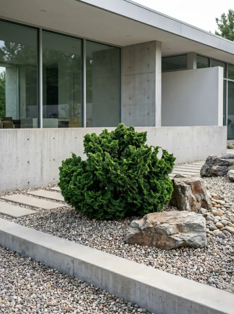 Ejemplar de Chamaecyparis obtusa 'Nana Gracilis' en un jardín de grava, aportando textura y un diseño cuidado.
