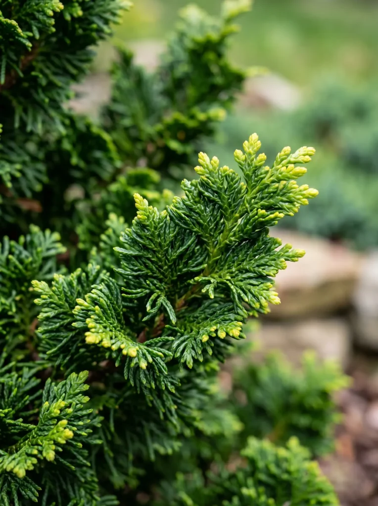 Detalle de las ramas escuamiformes del Chamaecyparis obtusa 'Nana Gracilis', un estándar profesional de vigor botánico.