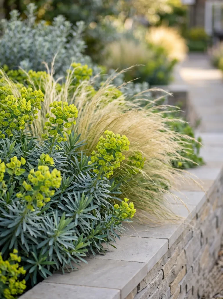 Lush garden bed with lime green flowers and silvery green foliage beside a stone ledge and a blurred walkway in the background