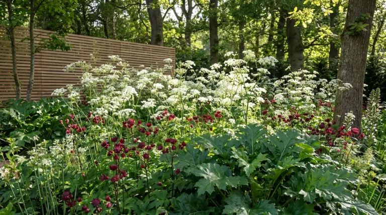 Composición naturalista con floración blanca de cicuta silvestre y astrancia roja integradas junto a un cerramiento arquitectónico de madera