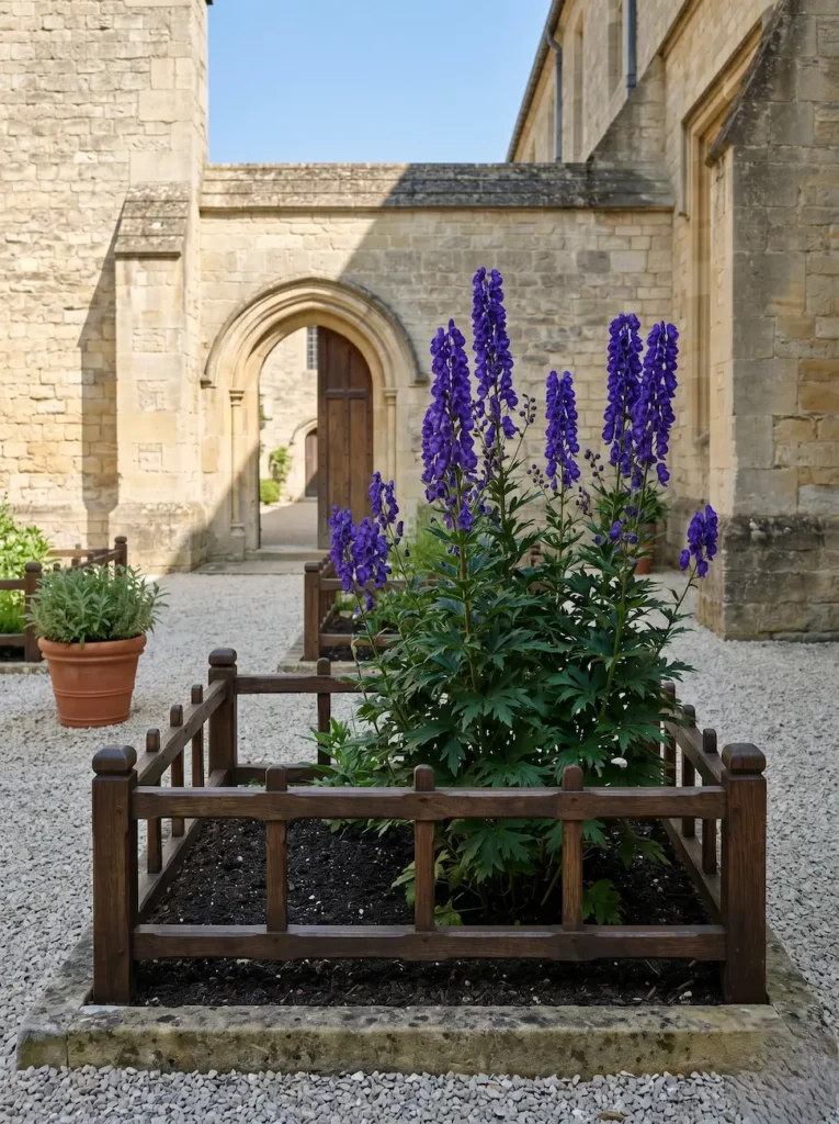 Área cercada dentro de un jardín medicinal histórico, cultivando ejemplares de acónito (Aconitum napellus) con excepcional fortaleza bajo estrictos protocolos de seguridad botánica.