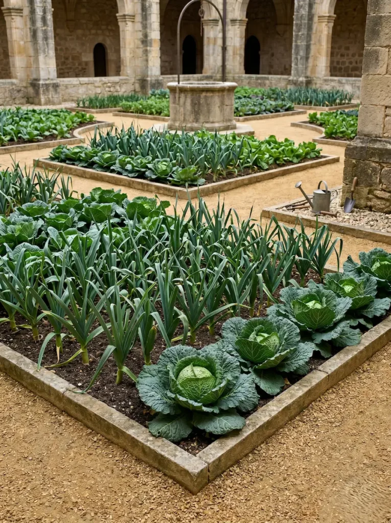 Bancales elevados de diseño lineal y ordenado, repletos de hortalizas de gran volumen como coles (Brassica oleracea) y puerros (Allium porrum), evidenciando un estándar agronómico funcional y pulcro.