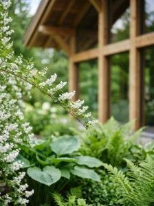 combinacion deutzia con hosta y helecho