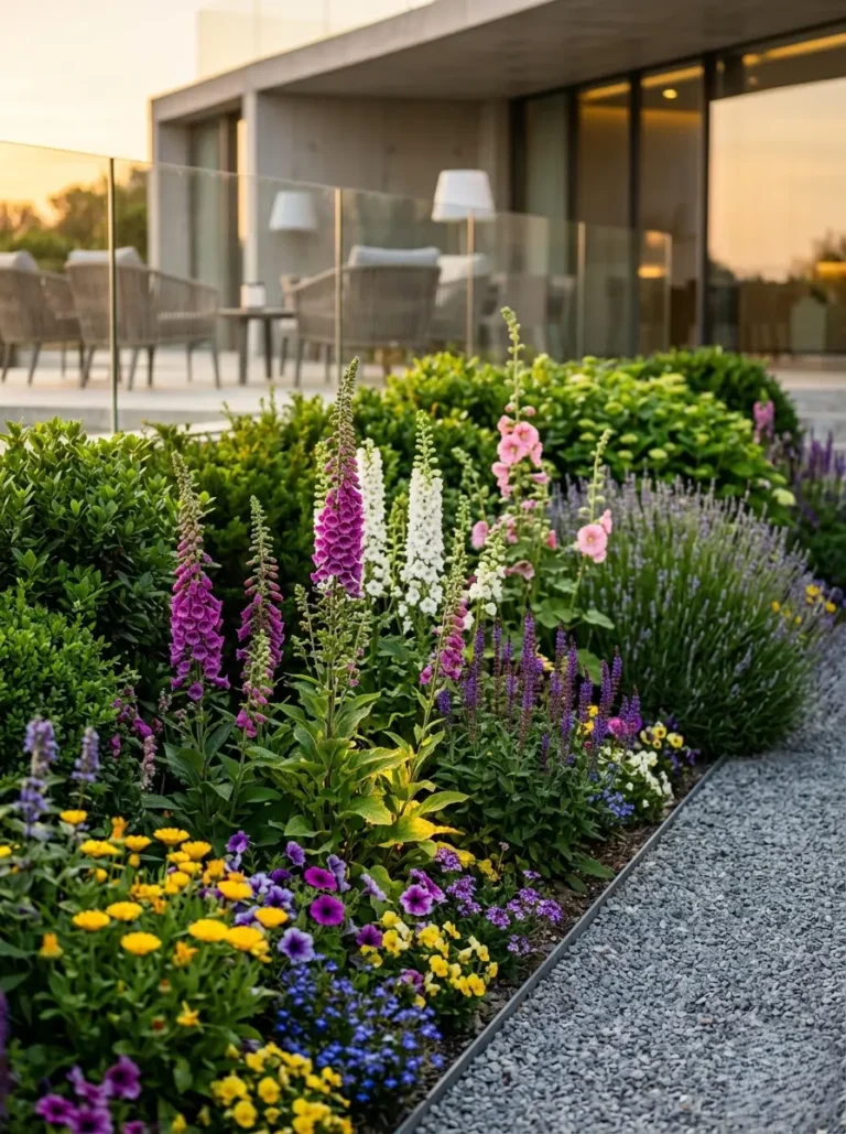Composición paisajística al atardecer donde la arquitectura moderna se funde con estratos vegetales de diferentes ciclos de vida.