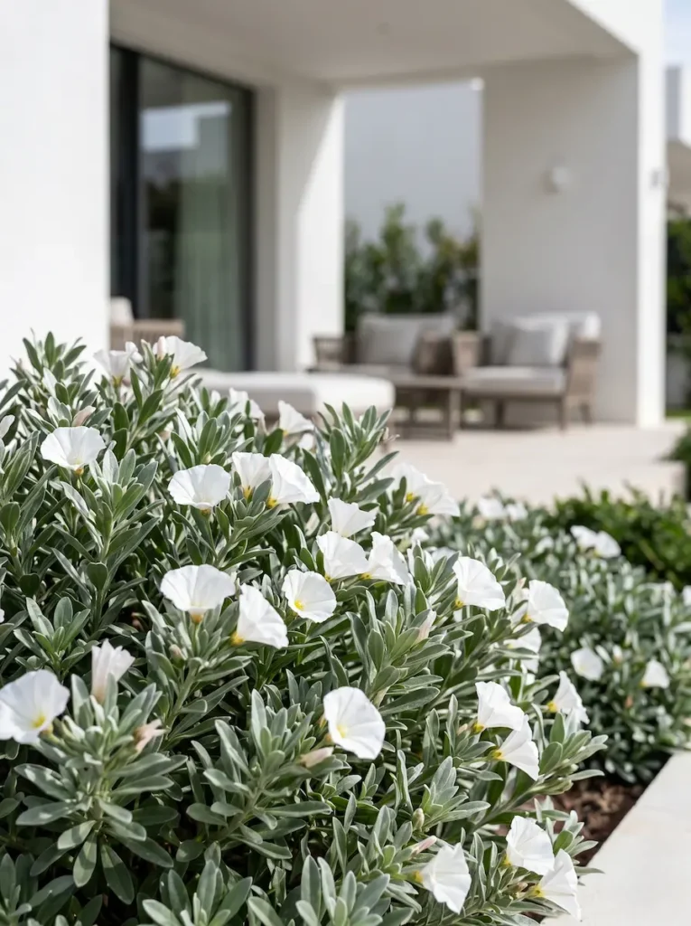 conculvus jardinesconestiloblog Primer plano de Convolvulus cneorum con sus flores blancas y follaje satinado en una terraza residencial
