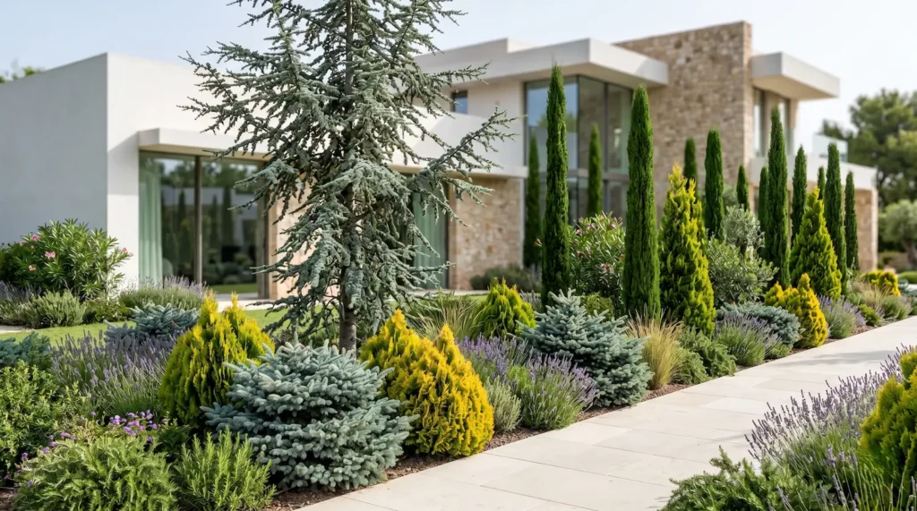 coniferas cabecera jardinesconestiloblog Composición de paisajismo profesional con Cedro azul del Atlas y Calocedro jaspeado en un entorno residencial contemporáneo