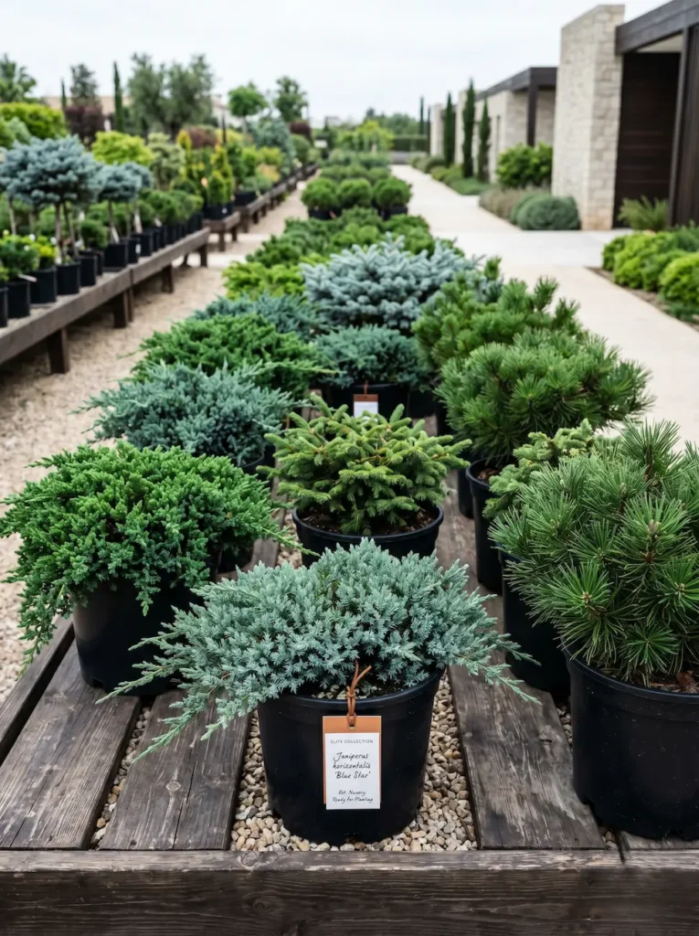 Amplia exposición de coníferas rastreras en un vivero especializado, listas para un proyecto de jardinería.