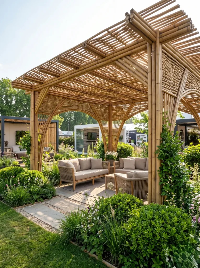 conjunto de pérgola y mobiliario de bambú en Baom Garden