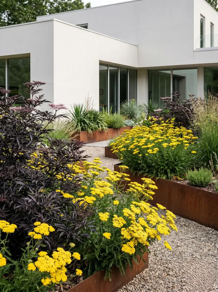 contraste purpura amarillo jardinesconestiloblog Sambucus nigra'Black Lace' combinado con flores amarillas y bordes de acero corten en un jardín de autor.