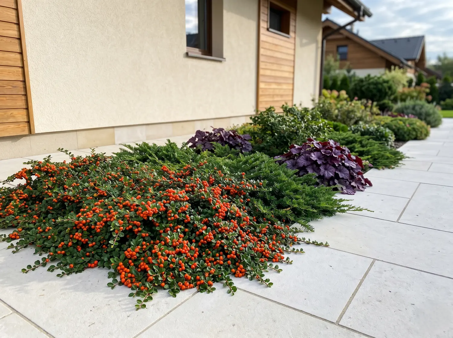 cotoneaster damerii en macizo junto a coniferas rastreras y heucheras