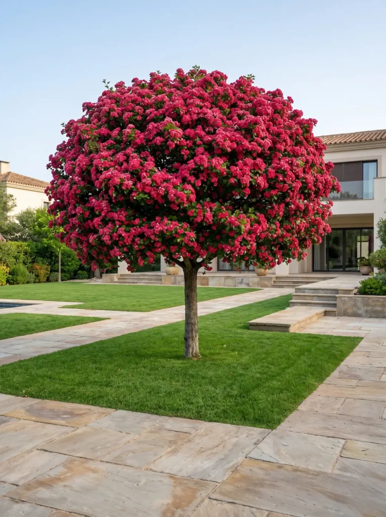 Ejemplar de Crataegus laevigata 'Paul's Scarlet' en floración, aportando un espectáculo de calidad y un diseño cuidado.
