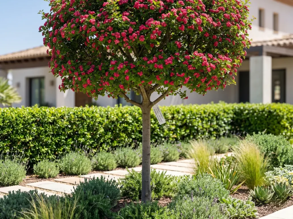 Ejemplar de Crataegus laevigata 'Paul's Scarlet' de 4 metros con cruz a 1,75m, mostrando su integración paisajística bajo un estándar profesional.