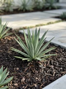 Detalle técnico de un lecho de plantación con acolchado orgánico y sistema de riego por goteo invisible, demostrando un estándar profesional en la gestión hídrica.