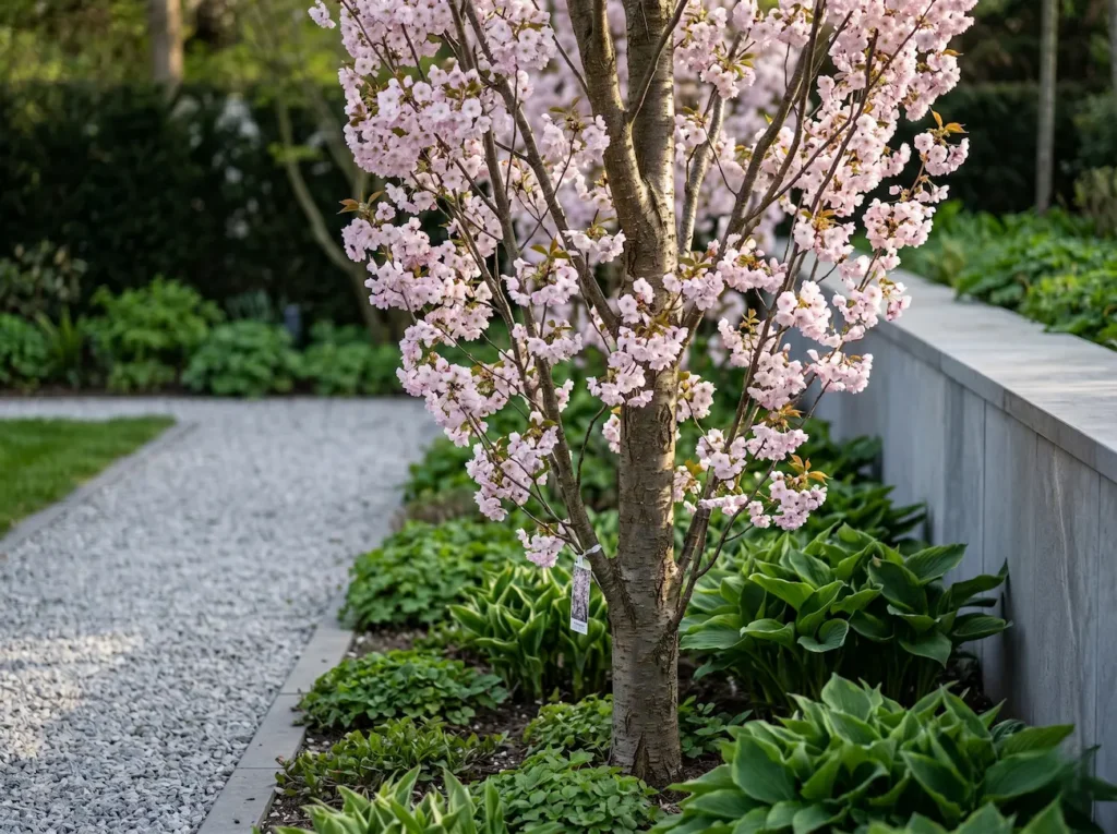 Ejemplar de Prunus serrulata 'Amanogawa' de 4 metros con cruz a 1,75m, mostrando su integración paisajística con un estándar profesional.