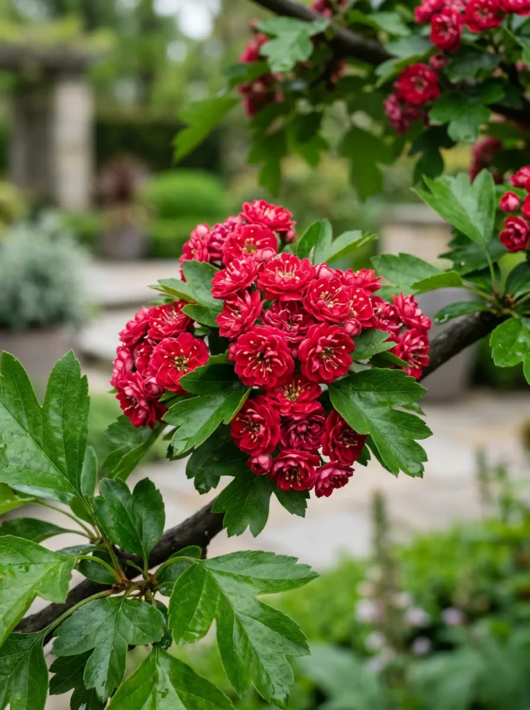 Detalle de la flor doble roja del Crataegus laevigata 'Paul's Scarlet', un estándar profesional de vigor botánico.