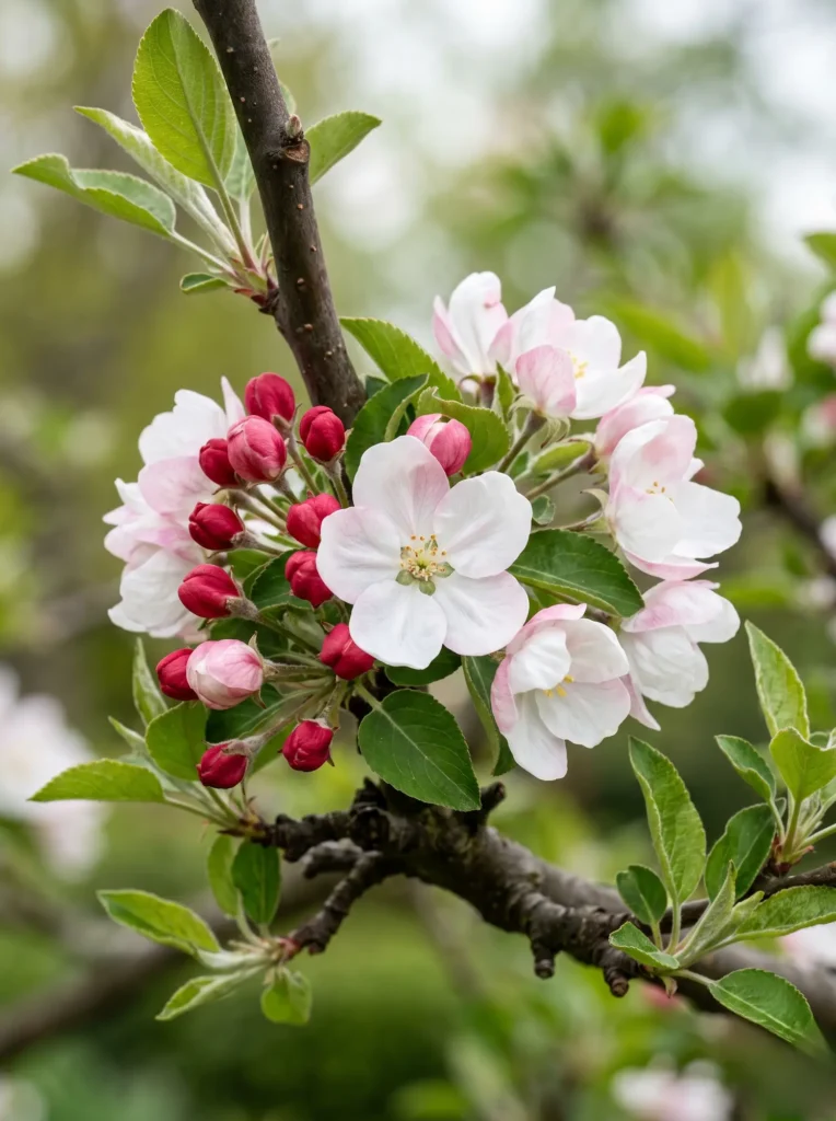 Detalle de los botones rojos y flores blancas del Malus 'Evereste', un estándar profesional de vigor botánico.