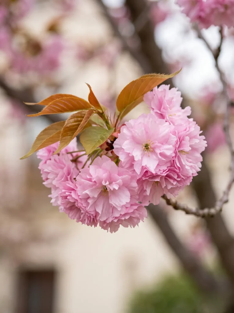 Detalle de la flor doble y hoja cobriza del Prunus serrulata 'Kanzan', un estándar profesional de vigor botánico.