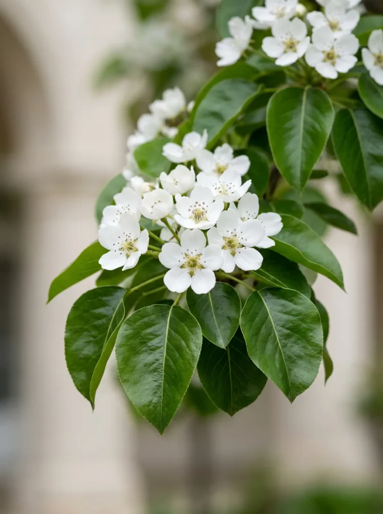 Detalle de la flor blanca y hoja brillante del Pyrus calleryana 'Chanticleer', un estándar profesional de vigor botánico.