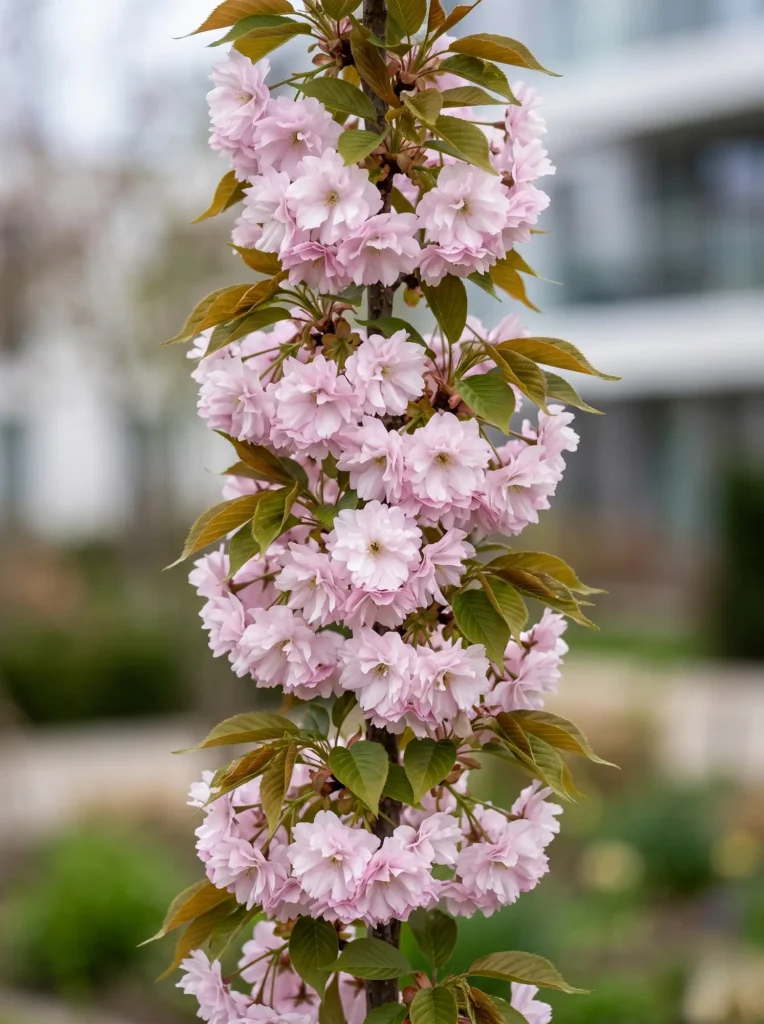 Detalle de la flor semidoble y hoja bronceada del Prunus serrulata 'Amanogawa', un estándar profesional de vigor botánico.