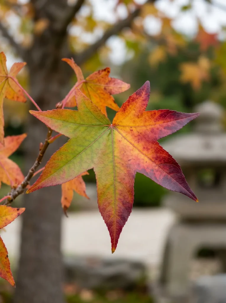 Detalle de la hoja estrellada del Liquidambar styraciflua en otoño, un estándar profesional de vigor botánico.