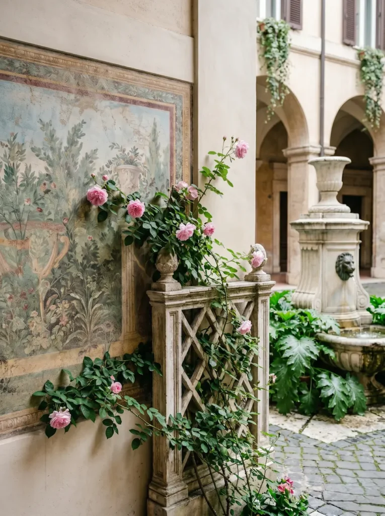 Detalle de una pared estucada con un fresco hiperrealista, sobre la que se superpone la floración de un rosal (Rosa x damascena), creando un nexo vegetal magistral entre el arte pictórico y la botánica real.